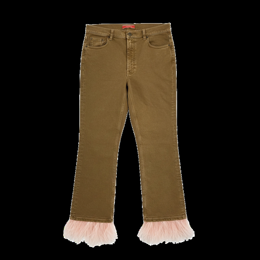 La Doublej Statement Green Feather-Trimmed Cropped High-Rise Slim-Leg Denim